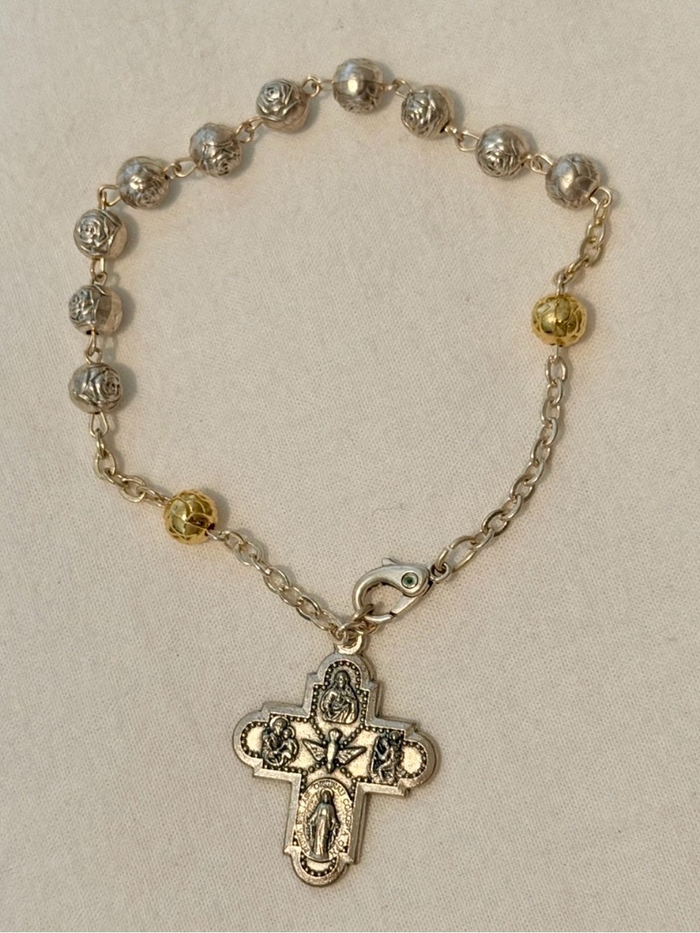 Two-Tone Silver and Gold Religious Cross Bracelet